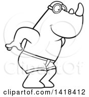 Cartoon Clipart Of A Black And White Lineart Swimmer Rhino Diving Royalty Free Vector Illustration