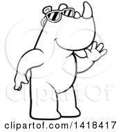 Cartoon Clipart Of A Black And White Lineart Friendly Rhino Wearing Sunglasses And Waving Royalty Free Vector Illustration