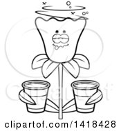 Poster, Art Print Of Black And White Lineart Drunk Daffodil Flower Holding Cups