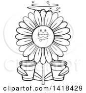 Poster, Art Print Of Black And White Lineart Drunk Daisy Flower Holding Cups