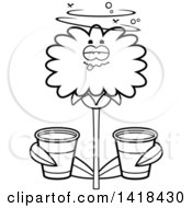 Poster, Art Print Of Black And White Lineart Drunk Dandelion Flower Holding Cups