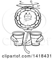 Poster, Art Print Of Black And White Lineart Drunk Marigold Flower Holding Cups