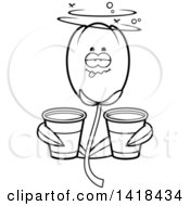 Cartoon Clipart Of A Black And White Lineart Drunk Tulip Flower Holding Cups Royalty Free Vector Illustration by Cory Thoman
