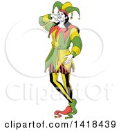 Clipart Of A Jester Joker Leaning Against An Invisible Wall Royalty Free Vector Illustration by Frisko