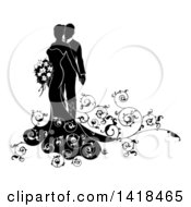 Poster, Art Print Of Black And White Silhouetted Posing Bride And Groom With Swirls