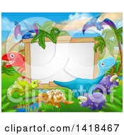 Poster, Art Print Of Blank White Sign Framed With Dinosaurs And A Jurassic Landscape