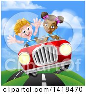Clipart Of A Happy Black Girl Driving A White Boy And Catching Air In A Convertible Car Royalty Free Vector Illustration