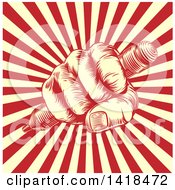 Poster, Art Print Of Retro Woodcut Or Engraved Fisted Hand Holding A Pencil Over Rays