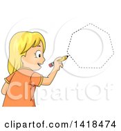 Blond Caucasian School Girl Drawing A Heptagon Shape