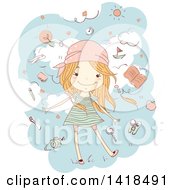 Poster, Art Print Of Sketched Red Haired Caucasian Girl Surrounded By Travel Items In The Sky