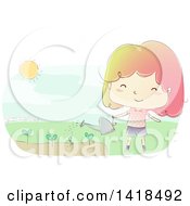 Poster, Art Print Of Sketched Happy Girl Watering A Garden