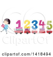 School Girl Pulling Wagons Or Carts With Books And Numbers