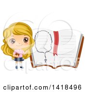 Poster, Art Print Of Blond Caucasian Girl By A Giant Open Bible With A Rosary