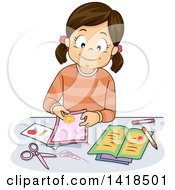 Clipart Of A Brunette Caucasian Girl Making Cards Royalty Free Vector Illustration