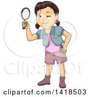 Poster, Art Print Of Brunette Caucasian Girl Looking Through A Magnifying Glass