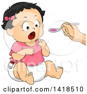 Clipart Of A Hand Holding Out A Spoon With Cough Syrup For A Sick Baby Girl Royalty Free Vector Illustration