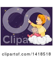 Red Haired Caucasian Girl Sitting With A Teddy Bear On A Cloud And Tracing The Constellations