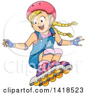 Blond Caucasian Girl Jumping And Roller Blading