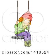 Sad Red Haired Caucasian Girl In Winter Clothes Sitting On A Swing