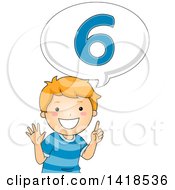 Red Haired Caucasian School Boy Counting And Saying Number 6
