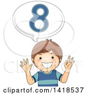 Brunette Caucasian School Boy Counting And Saying Number 8