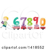 School Boy Pulling Wagons Or Carts With Books And Numbers