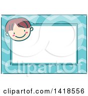 Poster, Art Print Of Sketched Brunette Caucasian Boys Face On A Blue Name Tag Frame