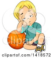 Tired Blond Caucasian Boy Leaning On A Basketball