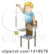 Blond Caucasian School Boy Standing On A Chair And Dropping A Ball