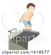 Nervous Brunette Caucasian Boy Jumping Off Of A Diving Board