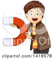 Brunette Caucasian Boy Holding A Large Magnet