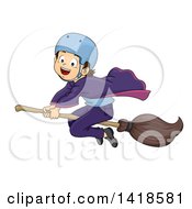Poster, Art Print Of Brunette Caucasian Wizard Boy Riding A Broomstick