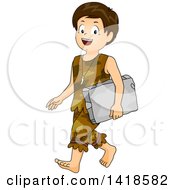 Poster, Art Print Of Caveman School Boy Walking And Carrying A Stone Tablet