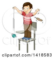 Brunette Caucasian School Boy Standing On A Chair Dropping A Ball And A Feather