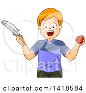 Red Haired Caucasian Boy Comparing A Ball And Feather