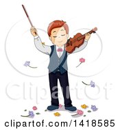 Caucasian Boy Being Showered With Flowers After Playing A Violin