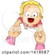 Poster, Art Print Of Happy Blond Caucasian Baby Holding Hands And Looking Up