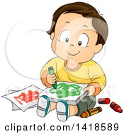 Clipart Of A Happy Brunette Caucasian Baby Boy Sitting And Doodling Royalty Free Vector Illustration