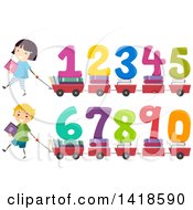 Poster, Art Print Of School Chidren Pulling Wagons Or Carts With Books And Numbers
