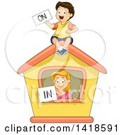 Poster, Art Print Of Caucasian School Boy And Girl Holding On And In Signs