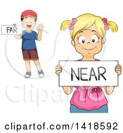 Poster, Art Print Of Caucasian School Boy And Girl Holding Far And Near Signs