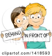 Poster, Art Print Of Caucasian School Boy And Girl Holding Behind And In Front Of Signs