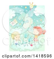 Clipart Of A Sketched Boy And Girl With Numbers In The Sky Royalty Free Vector Illustration