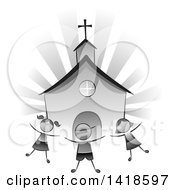 Grayscale Group Of Children Playing In Front Of A Church