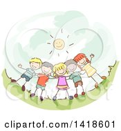 Clipart Of A Group Of Stick Children Under A Happy Sun Royalty Free Vector Illustration