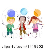 Poster, Art Print Of Group Of Children Dancing With Music Notes And Party Balloons