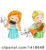 Girl Softly Playing A Harmonica And Boy Playing A French Horn Loudly