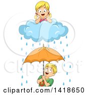 Poster, Art Print Of Girl On A Rain Cloud Over A Boy With An Umbrella