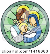 Clipart Of A Round Stained Glass Mary Joseph And Baby Jesus Design Royalty Free Vector Illustration by BNP Design Studio