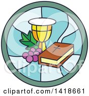 Poster, Art Print Of Round Stained Glass Bible Chalice And Graphes Design